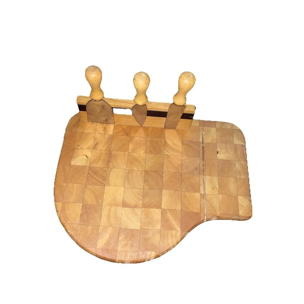 Vintage MCM Prodyne Magnetic Wood Cheese Board‎ - Wire Cutter & 3 Knife Set